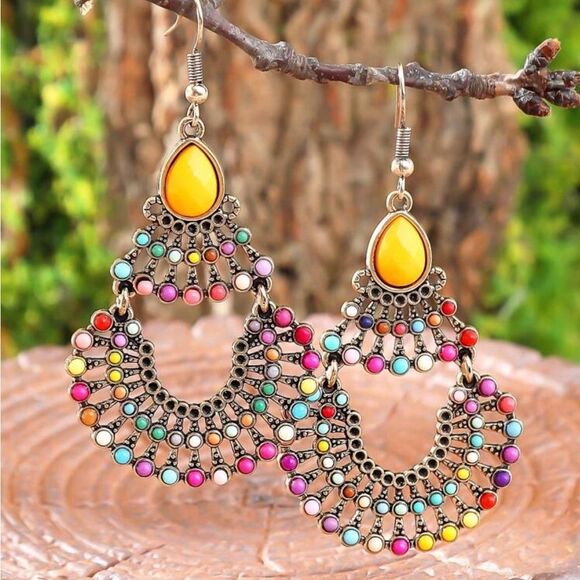 Bohemian Malachite/Faux‎ Citrine Multi-Color Drop Earrings - Picture 3 of 10